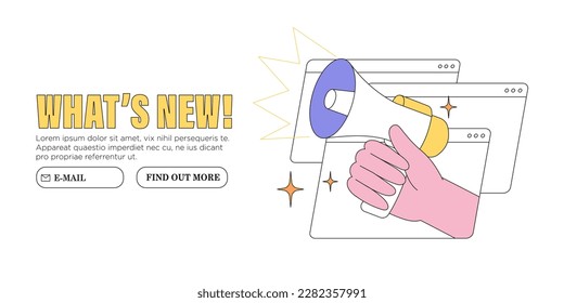 Hand hold megaphone or loudspeaker announce important message vector illustration. Concept of news, sales or discounts and new releases. Creative web or social media banner, ui, website advertisement.