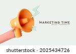 Hand hold megaphone. Marketing time concept, realistic 3d megaphone, loudspeaker with lightning. Symbols Speaker, Social media, Advertising and promotion. Vector illustration