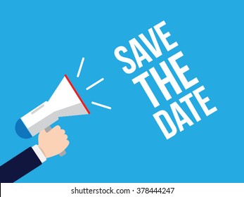 hand hold megaphone save the date font 