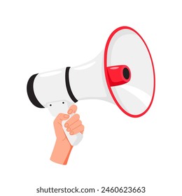 Hand hold megaphone speaker for announce. Attention please. Shouting people, advertisement speech symbol.