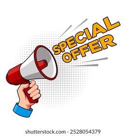 Hand hold megaphone with special offer text illustration. Suitable for marketing and promotion banner.