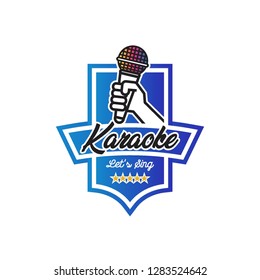 hand hold microphone karaoke club bar party badge emblem logo icon vector template