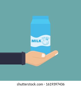 Hand Hold Milk Box Flat Design Vector Illustration