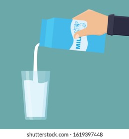 Hand Hold Milk Box And Pour Milk Into Glass Flat Design Vector Illustration