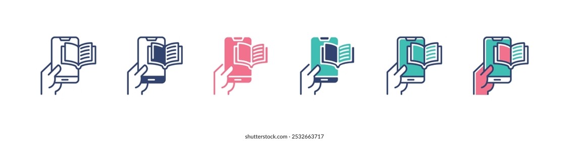 Mano sostener el conjunto de iconos de libros móviles Libro electrónico Vector de aprendizaje de medios en línea Estudio digital Educación Señales Ilustración para Web y App