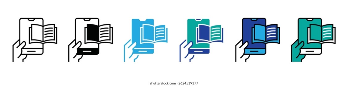 hand hold mobile book icon set electronic book online media learning vector digital study education signs illustration for web and app