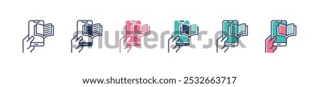 hand hold mobile book icon set electronic book online media learning vector digital study education signs illustration for web and app