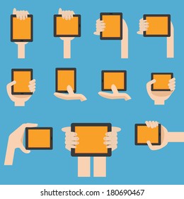 Hand hold mobile device in flat design 
