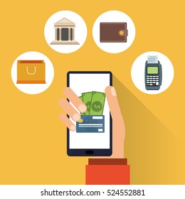 hand hold mobile pay online icons
