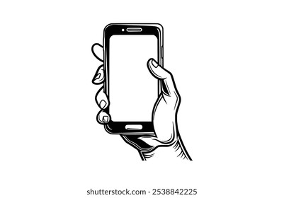 Mano sostener el icono negro del teléfono móvil, aislado en el fondo blanco. Ilustración vectorial.