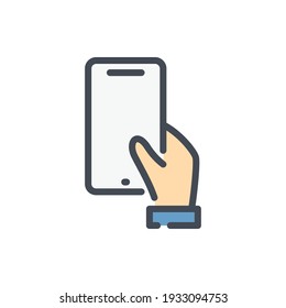 Hand Hold Mobile Phone Color Line Icon. Hand Holding Smartphone Vector Outline Colorful Sign.