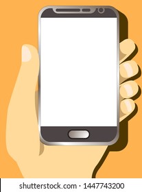 Hand hold mobile phone with empty blank display screen