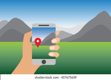 Hand Hold Mobile Phone. Flat Vector Illustration.Traveling around the World. Landscape, Mountains.