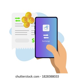 Hand hold mobile phone with form exchange money illustration vector design