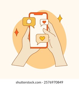 Hand hold mobile phone, heart like love comment, social media pop up concept.