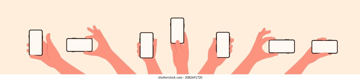 Hand hold the mobile phone in a horizontal and vertical position with white screen vector illustration set in flat style isolated
