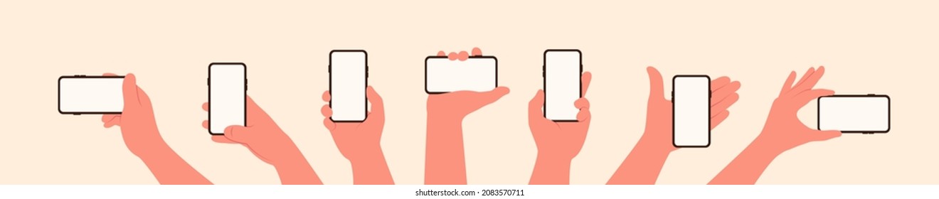 Hand hold the mobile phone in horizontal and vertical position with blank screen in different positions vector illustration set in flat style isolated