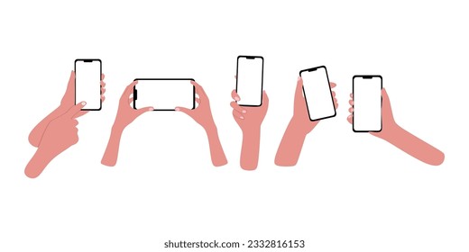 Mano sujete el teléfono móvil en posición horizontal y vertical con pantalla en blanco en diferentes posiciones ilustraciones vectoriales en estilo plano aisladas en fondo blanco.