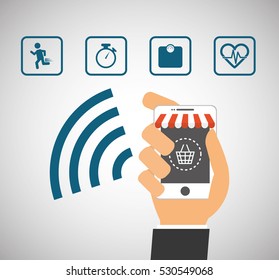 hand hold mobile phone online buying connected vector illustration eps 10