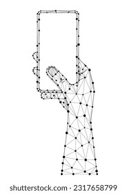 Ilustración vectorial del polígono inalámbrico de la mano para teléfono móvil. Dispositivo de smartphone digital en mano con el dedo aislado en fondo blanco. Imagen de gadget de polos bajos.