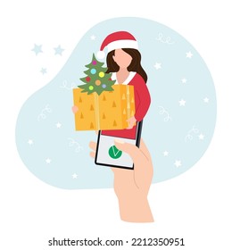 Hand hold mobile phone, smartphone and click on screen. Order a New Year's gift. Beautiful girl in santa hat holding a Christmas gift box. Christmas background. Vector illustration