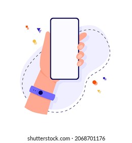 Hand hold a mobile phone. Template of hand and smartphone on abstract background. Flat cartoon vector illustration.
