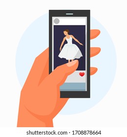 Hand hold mobile phone with video ballerina dance isolated on white, flat vector illustration. Character female fashion dress, press like social network. Rate photography web internet.