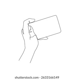 Hand hold mobile smartphone minimal one line drawing art isolated on white background. Smartphone surfing in Social Media, watching video continuous line art. Vector Illustration.