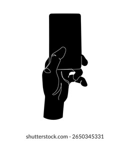 Hand hold mobile smartphone minimal one line drawing art isolated on white background. Smartphone surfing in Social Media, watching video continuous line art. Vector Illustration.