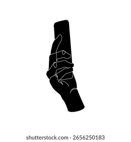 Mano sostener el teléfono inteligente móvil mínimo una línea de dibujo de arte aislado en el fondo blanco. Video Smartphone navegando en las redes sociales, viendo continuamente arte de línea. Ilustración vectorial.