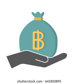 Hand hold money bag. The baht is the currency of Thailand. Vector illustration.