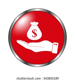 hand hold money bag - vector icon on the  red button