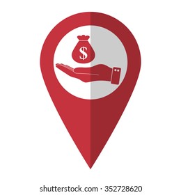hand hold money bag - vector icon; red map  pointer