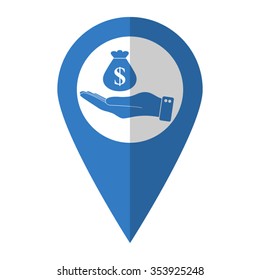 hand hold money bag - vector icon; blue map  pointer
