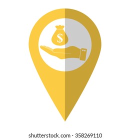 hand hold money bag - vector icon;  yellow map pointer