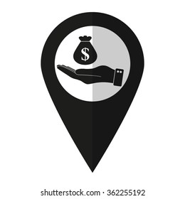 hand hold money bag - vector icon;    black map pointer