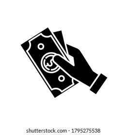 Hand Hold Money Black Glyph Icon. Cash For Client. Business Revenue. Employee Salary. Bank Benefit. Charge Cash. Handout Dollar. Silhouette Symbol On White Space. Vector Isolated Illustration