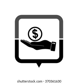 hand hold money - black vector icon; map pointer;  message bubble