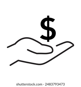 Mano sostener un icono de contorno de trazo editable de dinero aislado sobre fondo blanco. Pictograma de signo de símbolo