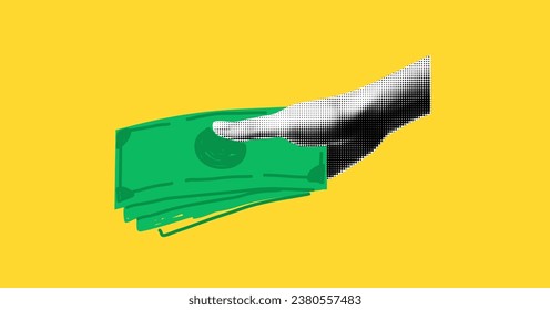 hand hold money elements  for collages. Halftone effect. Retro illustration on business theme with doodles dollars. Isolated On yellow background as trendy png 
