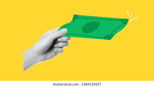 hand hold money elements  for collages. Halftone effect. Retro illustration on business theme with doodles dollars. Isolated On yellow background as trendy png 