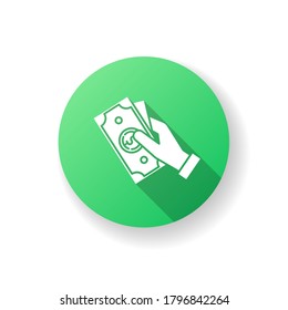 Hand Hold Money Green Flat Design Long Shadow Glyph Icon. Cash For Client. Business Revenue. Charge Cash. Handout Dollar. Arm With Payout. Corruption And Bribery. Silhouette RGB Color Illustration