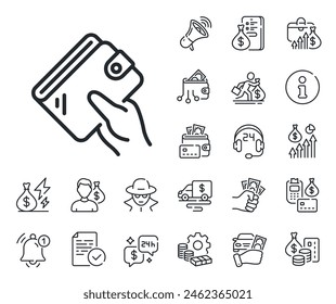 Hand hold money purse sign. Cash money, loan and mortgage outline icons. Wallet line icon. Cash budget symbol. Wallet line sign. Credit card, crypto wallet icon. Inflation, job salary. Vector