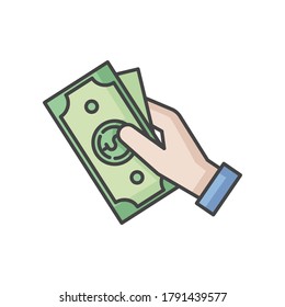 Hand Hold Money RGB Color Icon. Cash For Client. Business Revenue. Employee Salary. Bank Benefit. Charge Cash. Handout Dollar. Arm With Payout. Corruption And Bribery. Isolated Vector Illustration