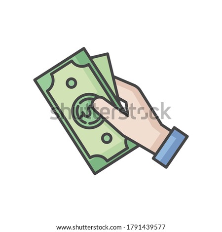Hand hold money RGB color icon. Cash for client. Business revenue. Employee salary. Bank benefit. Charge cash. Handout dollar. Arm with payout. Corruption and bribery. Isolated vector illustration