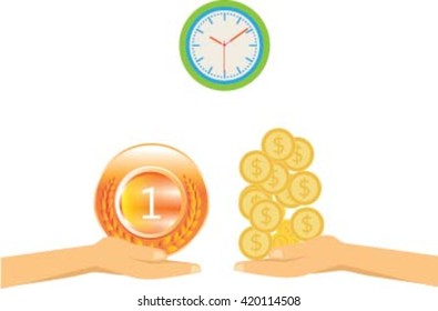Hand hold money and time to compare save money concept