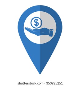 hand hold money - vector icon; blue map  pointer