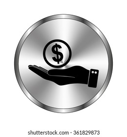 hand hold money - vector icon;  metal button