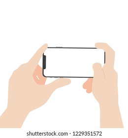 Hand hold new powerful Smart Phone new design advance technology with high resolution display, finger hand catch, business device, isolated on white background flat vector.