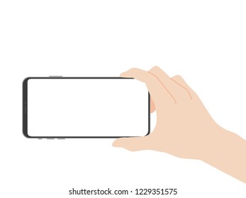 Hand hold new powerful Smart Phone new design advance technology with high resolution display, finger hand catch, business device, isolated on white background flat vector.